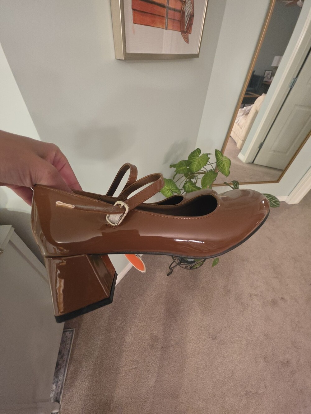 Cider Patent Brown Mary Jane Block Heel Pump